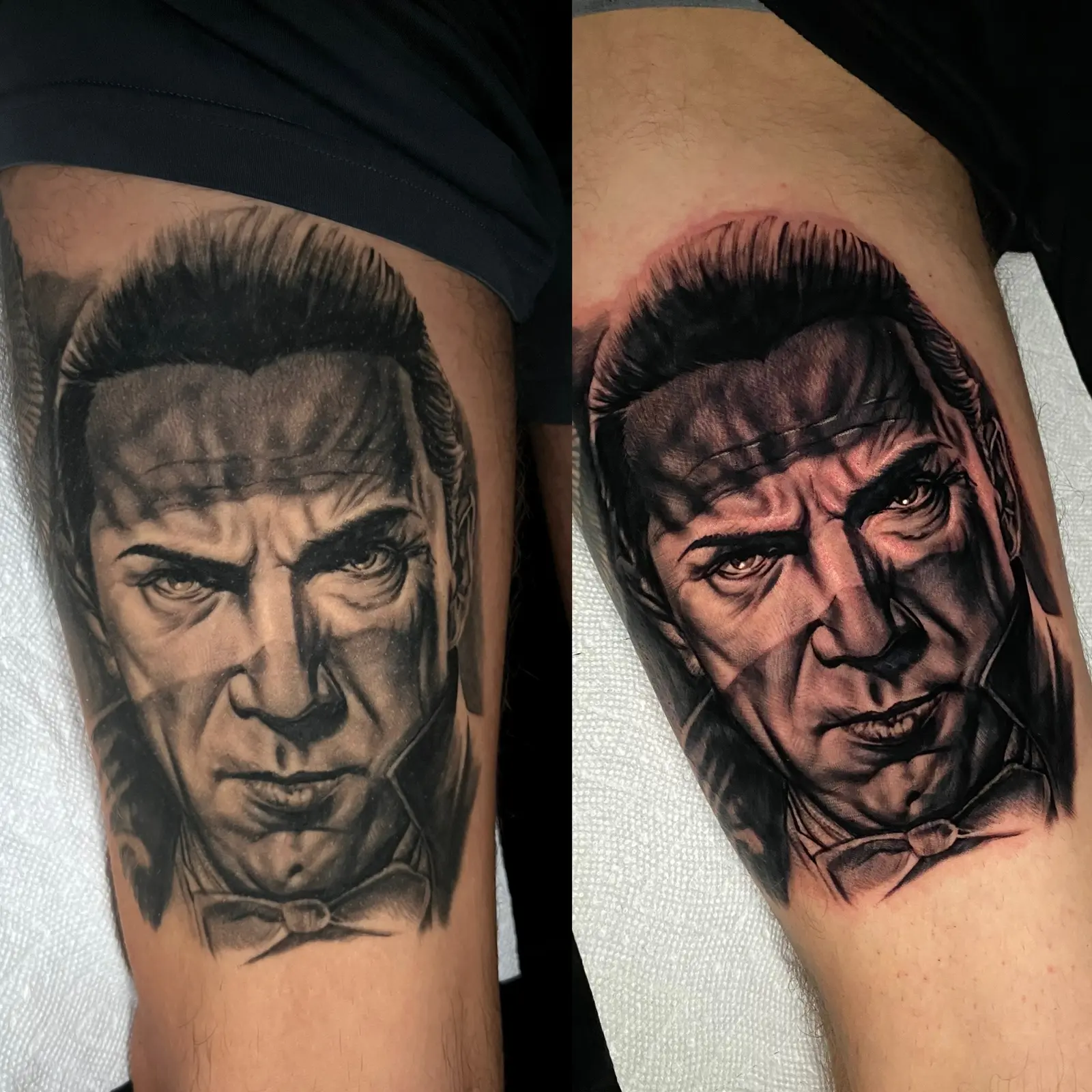 Side-by-side realism portrait tattoos showing black-and-grey and color treatments