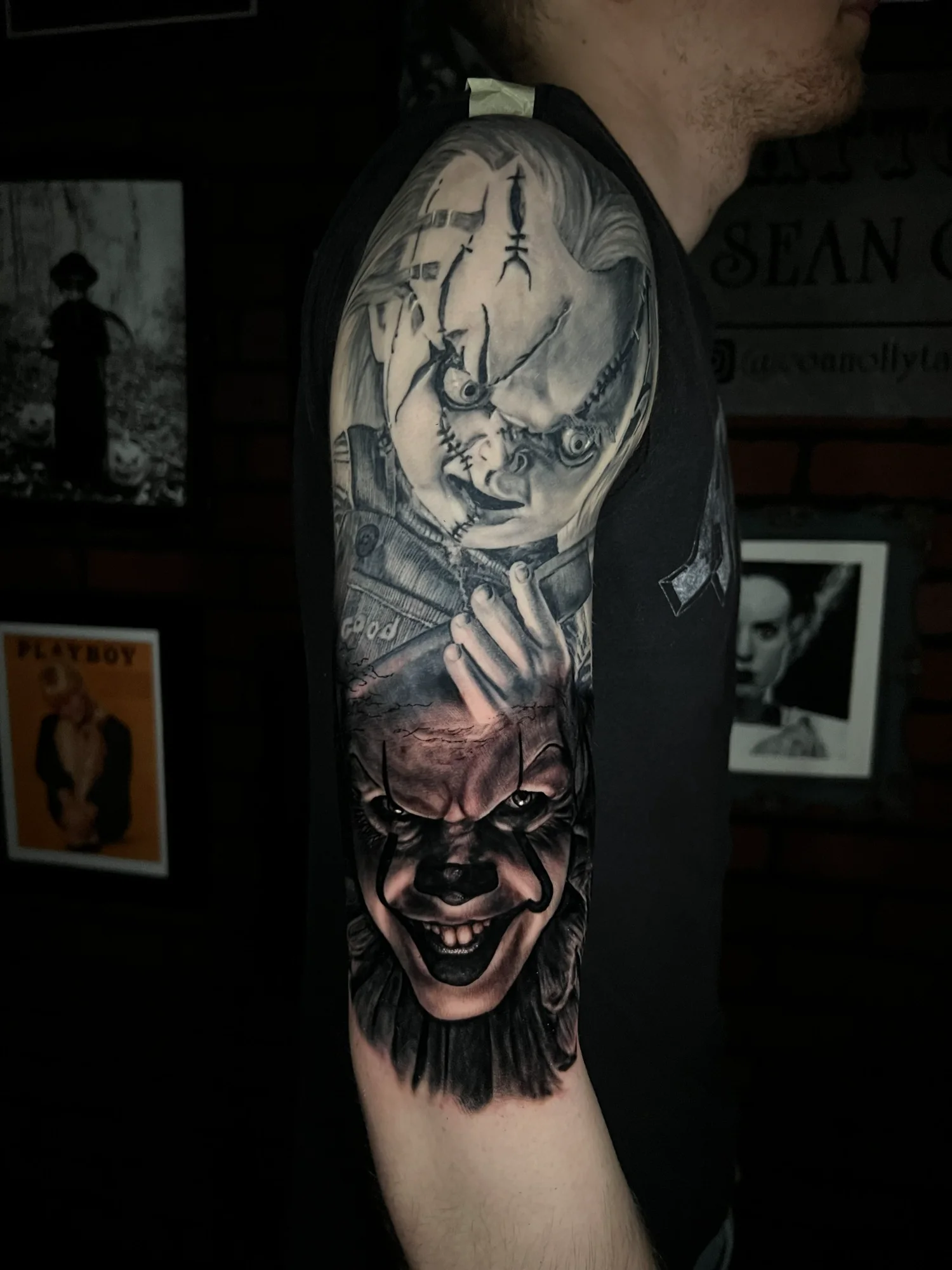 Black and grey horror sleeve with a clock and sinister clown portrait