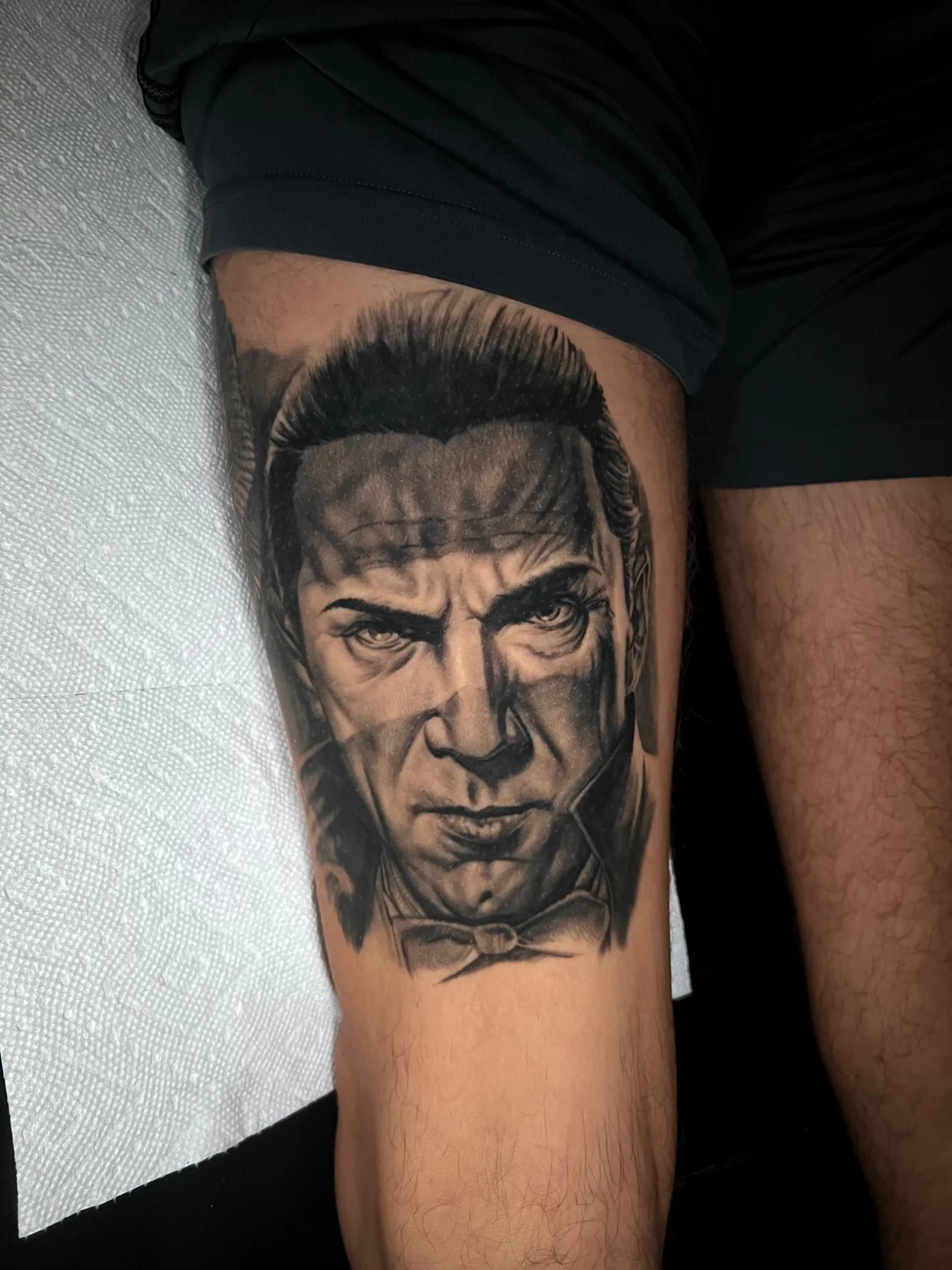 Black and grey classic horror portrait tattoo
